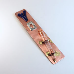 Mezuzah Copper Case with Recycled Glass Shin and Fused Glass Accent 7″ Long for Hanukkah, Weddings, Anniversaries, Bar Bat Mitzvahs and Housewarmings.