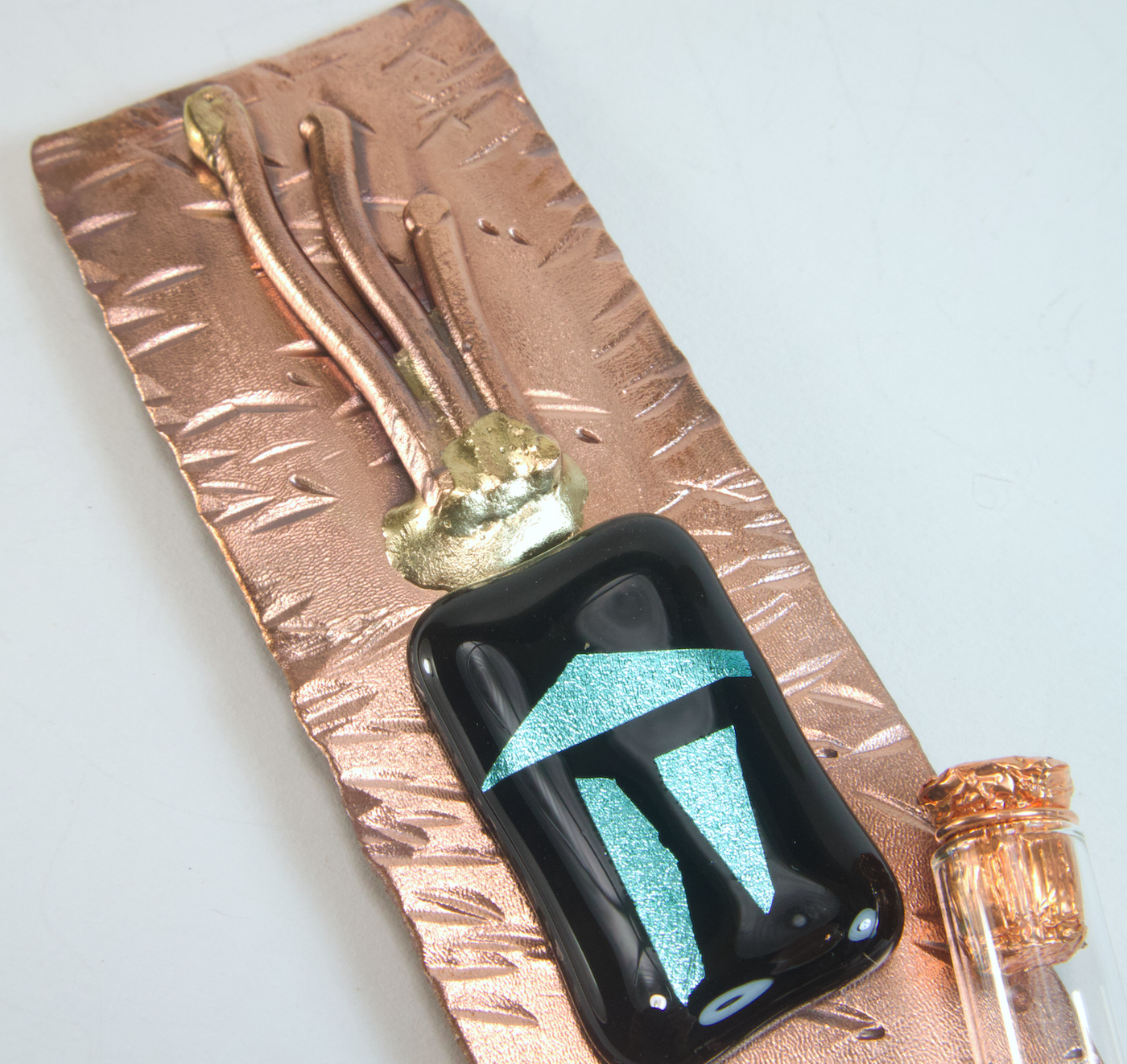 Mezuzah Copper Case with Copper Shin and Fused Glass Accent 6″ Long for