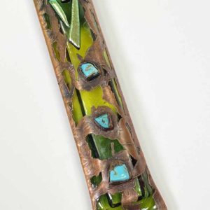 Fused Glass | Copper Inlays | Raw Turquoise Gemstones Mezuzah Case Handmade Green with Green/Silver Dichroic Glass Shin Great for Housewarming, Wedding, Anniversary, or Birthday Gift.