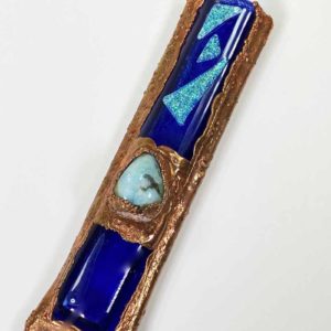 Mezuzah case with a rich copper patina with Fused Glass Shin and Accent.